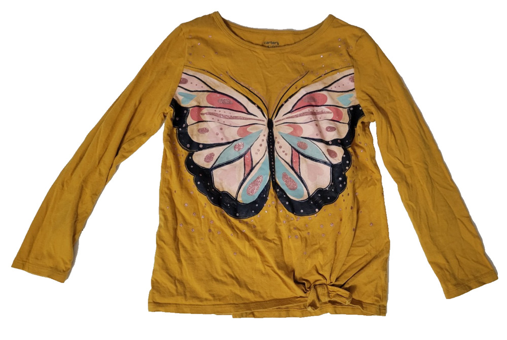 Carters Kid Girls 8 Mustard Butterfly Graphic Twist Front Long Sleeve Tee